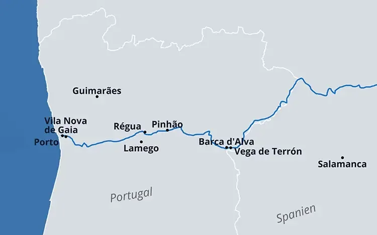 Karte zeigt den Verlauf des Douro-Flusses von Porto über Régua und Pinhão bis nach Spanien.