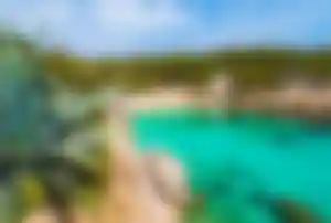 Malerische Bucht auf Mallorca mit türkisblauem Wasser, Felsen, Agavenpflanzen im Vordergrund und kleinem Sandstrand mit Häusern im Hintergrund.