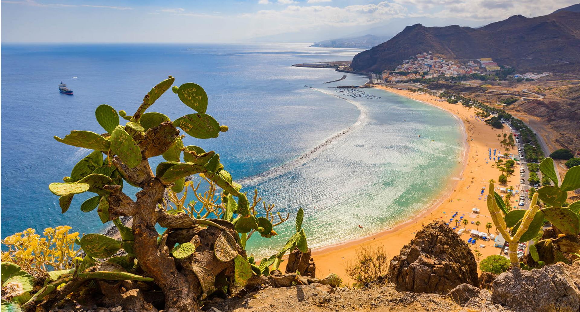 Blick auf den goldenen Strand Playa de las Teresitas auf Teneriffa, umgeben von Bergen und türkisfarbenem Wasser, mit Kakteen im Vordergrund.