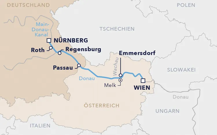 Routenkarte Flusskreuzfahrt "Adventzauber auf der Donau"