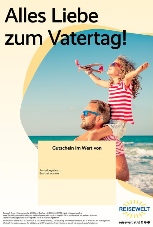 Reisewelt Gutschein "Alles Liebe zum Vatertag" mit Bild von Vater mit seiner Tochter
