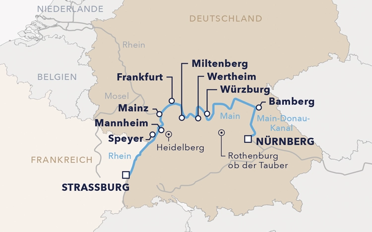 Routenkarte Flusskreuzfahrt "Adventzauber auf Rhein & Main"