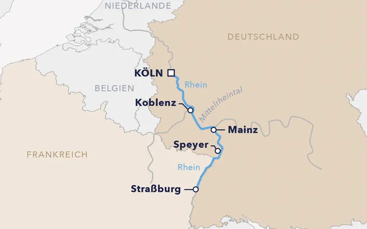 Routenkarte Flusskreuzfahrt: Weihnachten auf dem Rhein