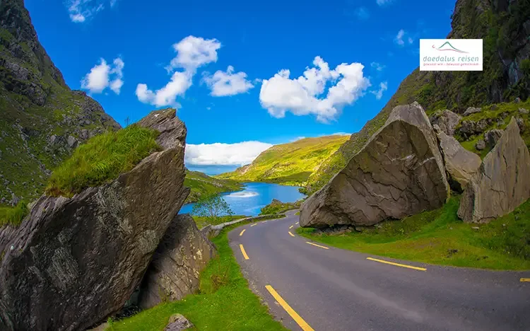 Schmale Panoramastraße durch grüne Landschaft am Ring of Kerry
