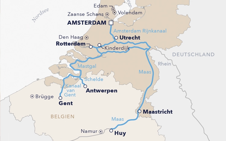 Routenkarte Flusskreuzfahrt "Das Beste von Holland & Belgien 2026"