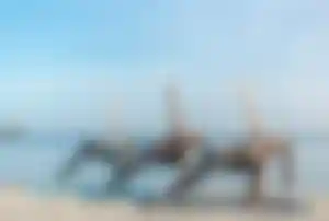 Gruppe praktiziert Yoga am Strand mit Meer im Hintergrund