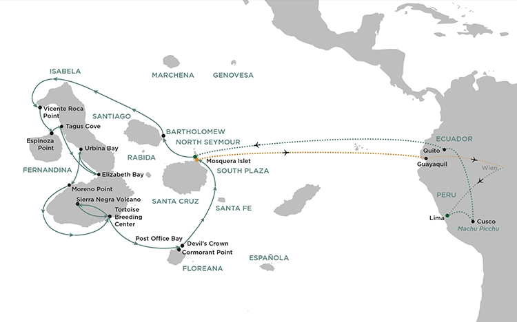 Karte mit der Route der Galapagos-Kreuzfahrt