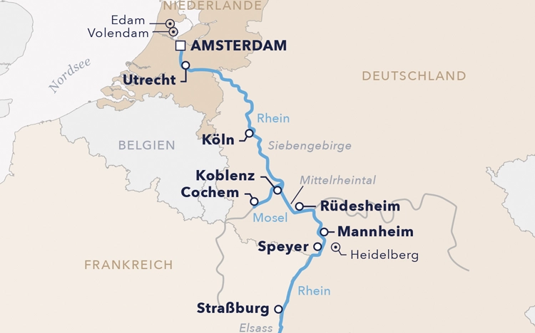 Routenkarte Flusskreuzfahrt "Klassischer Rhein 2026"