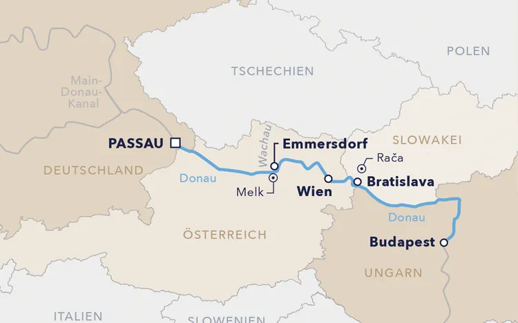 Routenkarte Flusskreuzfahrt "Silvester auf der Donau"