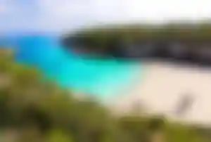 Feinsandige Bucht mit türkisblauem Wasser und grüner Vegetation auf Mallorca.