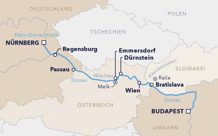 Routenkarte Flusskreuzfahrt "Blaue Donau 2026"