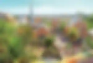 Blick über den Park Güell in Barcelona mit bunten Gebäuden, Palmen und vielen Menschen im Park sowie Stadtpanorama im Hintergrund
