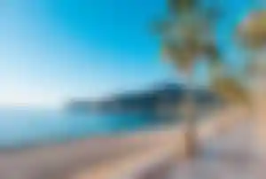 Palmenpromenade an der Costa Blanca mit Blick auf das Mittelmeer und die Küste Spaniens