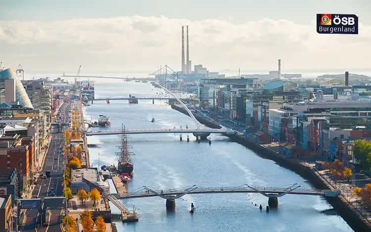 Blick auf den Fluss Liffey in Dublin mit modernen Brücken und Gebäuden bei klarem Himmel.