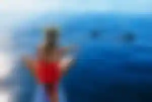 Person mit Schnorchel sitzt am Bug eines Bootes und beobachtet Delfine im klaren blauen Meer auf den Malediven