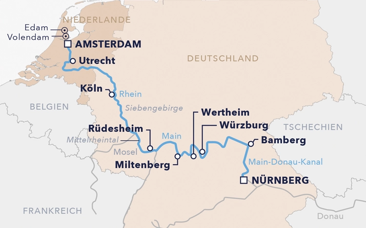 Routenkarte der Drei-Flüsse-Kreuzfahrt 2026