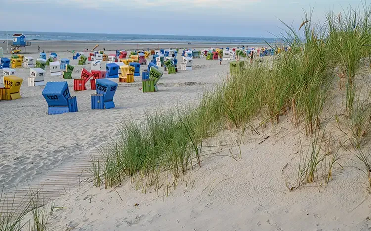 Sandstrand mit bunten Strandkörben und Dünen im Vordergrund auf der Insel Langeoog.