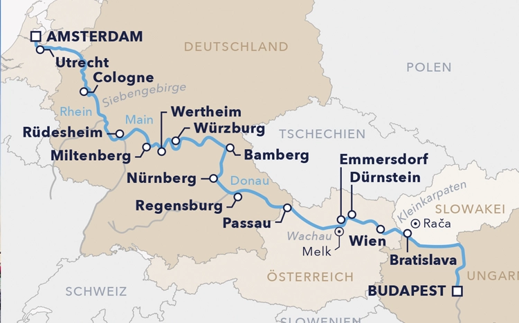 Routenkarte "Quer durch Europa" Flusskreuzfahrt
