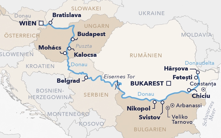 Routenkarte "1.200 Meilen entlang der Donau 2026"
