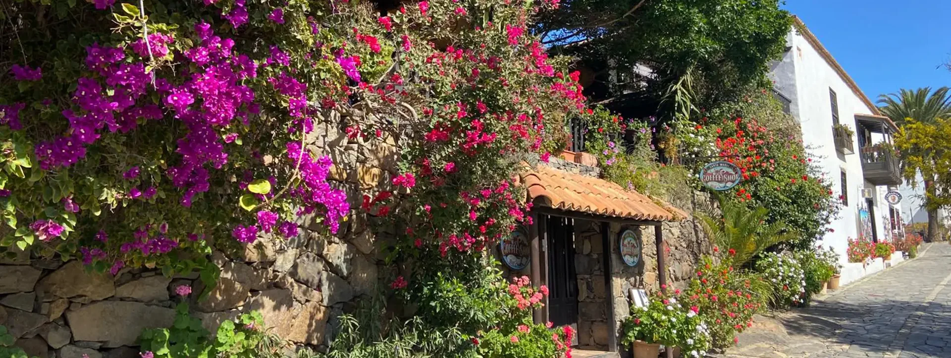 Blumenreiche Dorfstraße mit traditionellem Gebäude auf den Kanaren