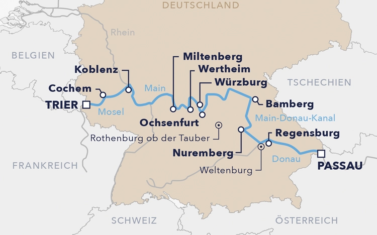 Routenkarte Flusskreuzfahrt "Deutsche Flusslandschaften 2026"