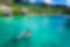 Zwei Personen schnorcheln in einer türkisblauen Lagune vor tropischer Inselkulisse