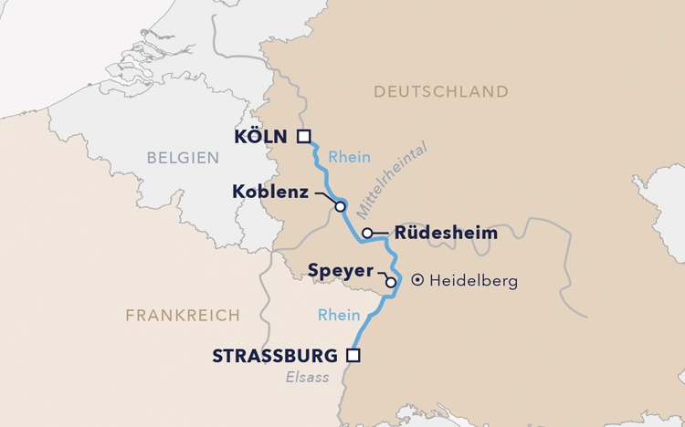 Routenkarte der Flusskreuzfahrt "Adventzauber auf dem Rhein"